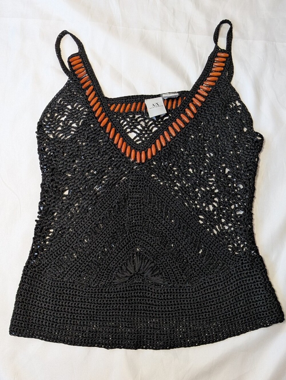 Armani Exchange Black Crochet Open Knit Wooden Bead Tank Top Cover Up Medium